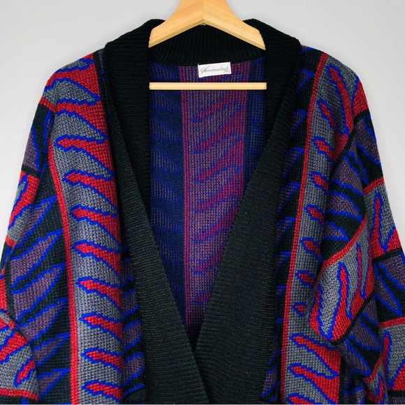 Khunming Sweater Cardigan Knit Shawl open Neck kimono southwest Jacket flames - Picture 3 of 10